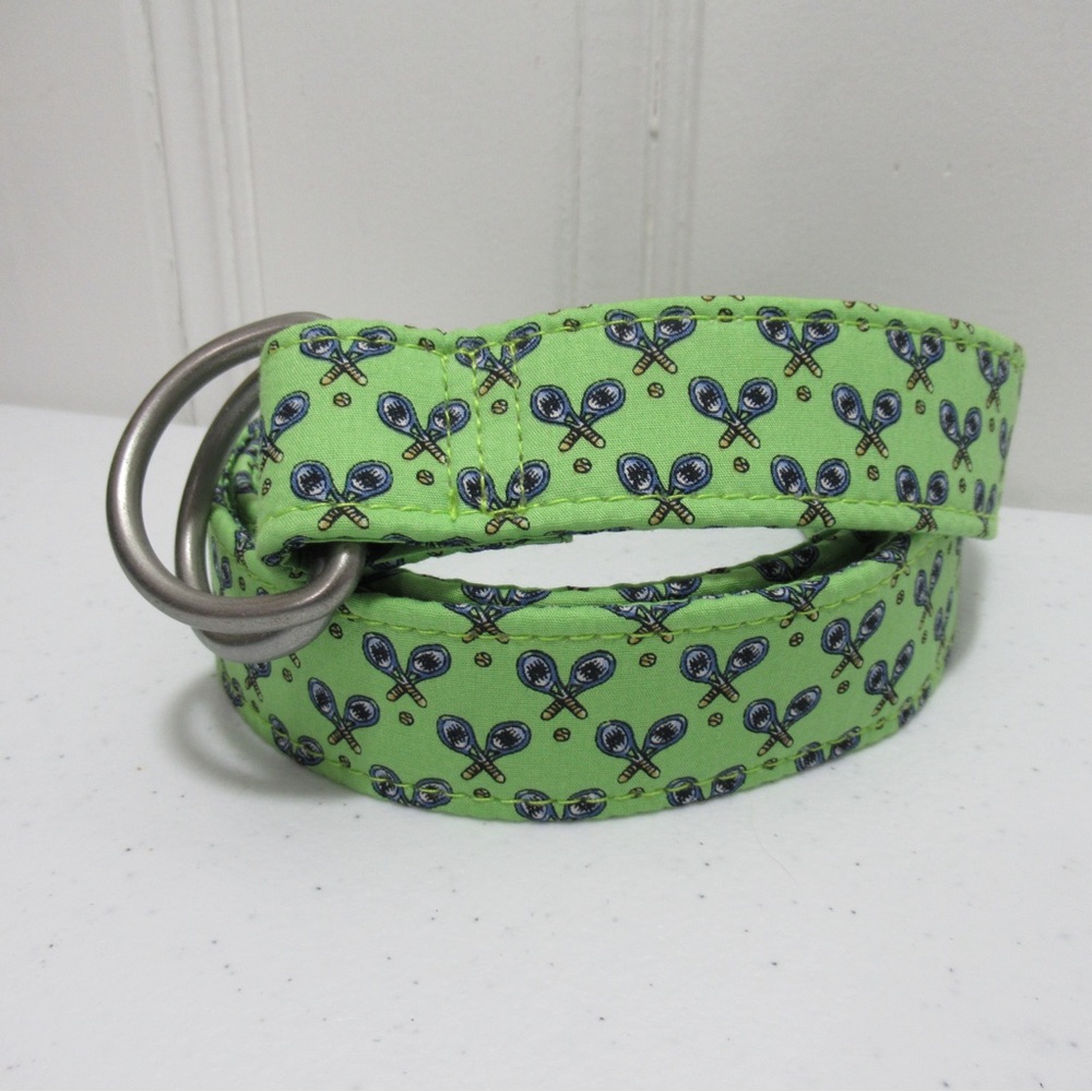 SERO Bright Green D Ring Belt Printed Tennis Racket and Tennis Balls Size Small